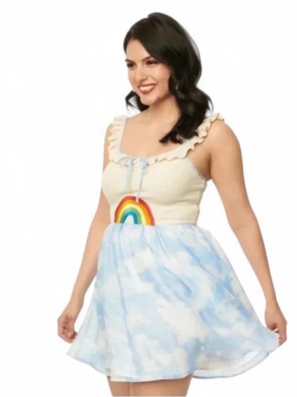 Unique Vintage Cream Bodice with rainbow and Sky Blue Cloud-Print Mini Dress